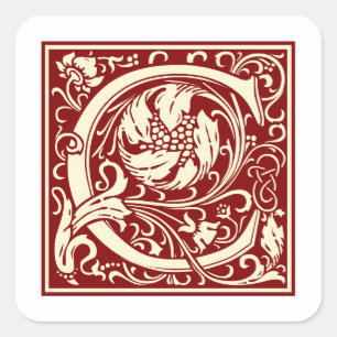 William Morris Letter C Monogram Initial Red Quadratischer Aufkleber