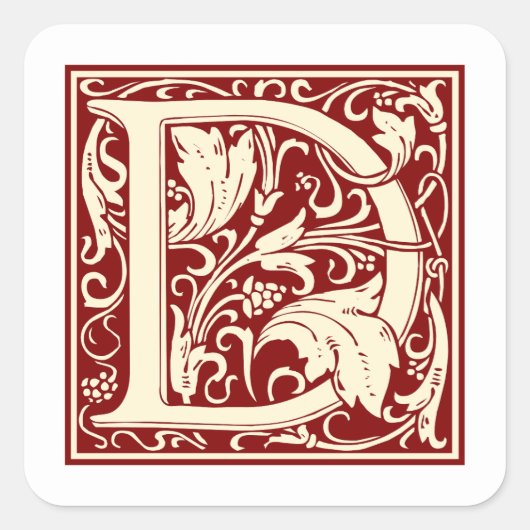 William Morris Letter D Monogram Initial Red Quadratischer Aufkleber (Vorderseite)