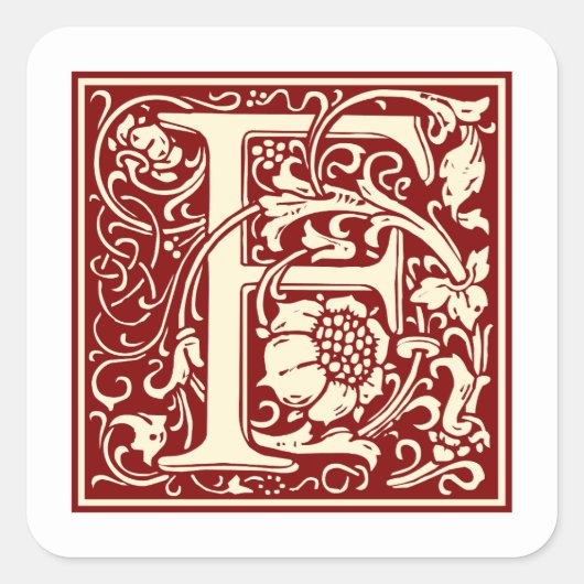 William Morris Letter F Monogram Initial Red Quadratischer Aufkleber (Vorderseite)