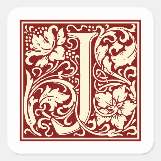 William Morris Letter J Monogram Initial Red Quadratischer Aufkleber (Vorderseite)