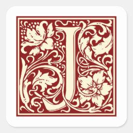 William Morris Letter J Monogram Initial Red Quadratischer Aufkleber
