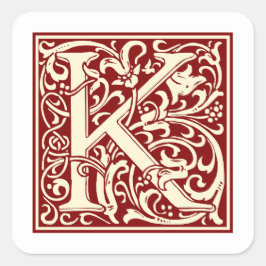 William Morris Letter K Monogram Initial Red Quadratischer Aufkleber
