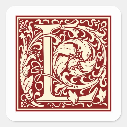 William Morris Letter L Monogram Initial Red Quadratischer Aufkleber (Vorderseite)