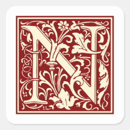 William Morris Letter N Monogram Initial Red Quadratischer Aufkleber