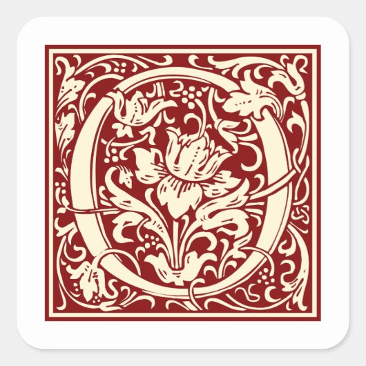 William Morris Letter O Monogram Initial Red Quadratischer Aufkleber (Vorderseite)