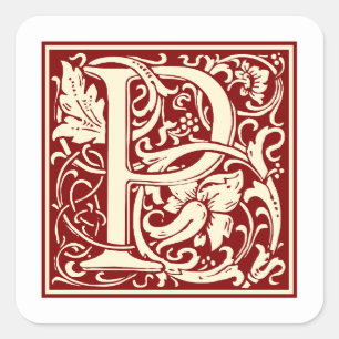 William Morris Letter P Monogram Initial Red Quadratischer Aufkleber