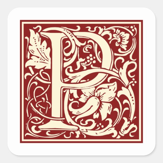 William Morris Letter P Monogram Initial Red Quadratischer Aufkleber (Vorderseite)