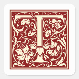 William Morris Letter T Monogram Initial Red Quadratischer Aufkleber
