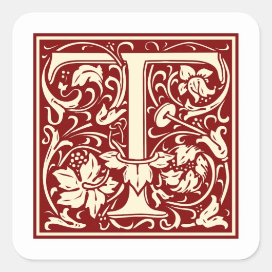 William Morris Letter T Monogram Initial Red Quadratischer Aufkleber (Vorderseite)