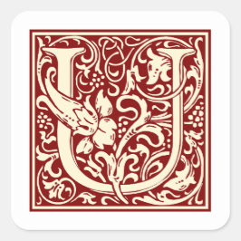 William Morris Letter U Monogram Initial Red Quadratischer Aufkleber