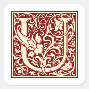 William Morris Letter U Monogram Initial Red Quadratischer Aufkleber