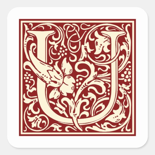 William Morris Letter U Monogram Initial Red Quadratischer Aufkleber (Vorderseite)