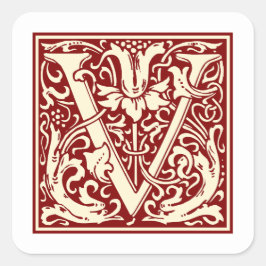 William Morris Letter V Monogram Initial Red Quadratischer Aufkleber