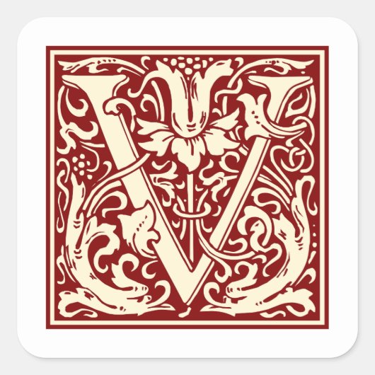 William Morris Letter V Monogram Initial Red Quadratischer Aufkleber (Vorderseite)