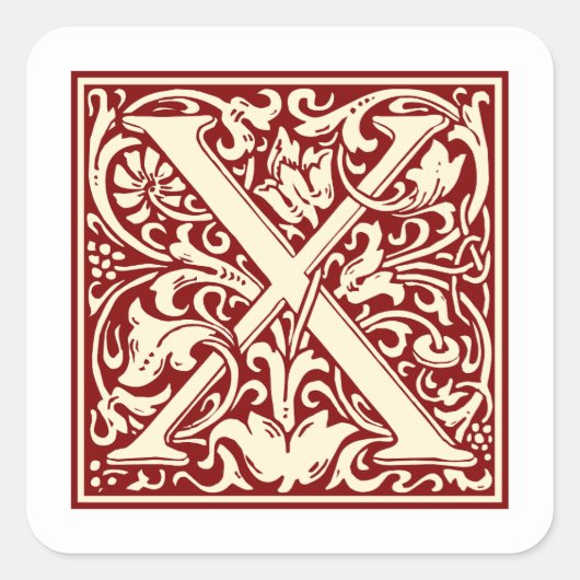 William Morris Letter X Monogram Initial Red Quadratischer Aufkleber (Vorderseite)