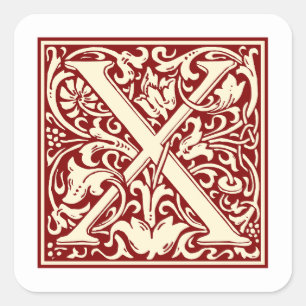 William Morris Letter X Monogram Initial Red Quadratischer Aufkleber