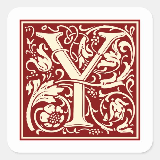 William Morris Letter Y Monogram Initial Red Quadratischer Aufkleber (Vorderseite)