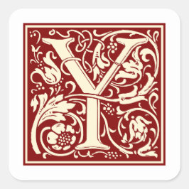William Morris Letter Y Monogram Initial Red Quadratischer Aufkleber