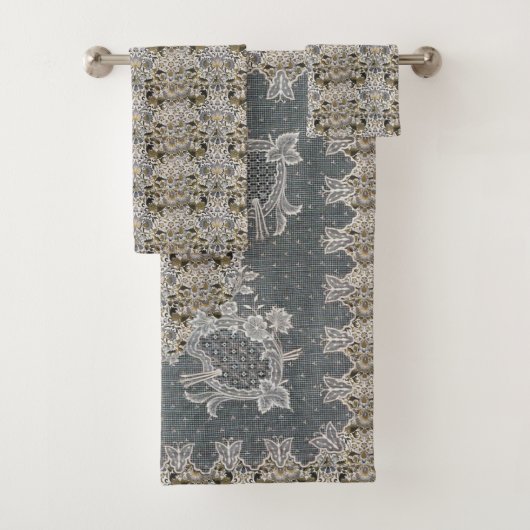 William Morris Lodden Grau Goldlitze Badhandtuch Set (Insitu)