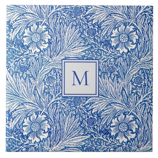 William Morris Marigold Blau Monogramm Fliese (Vorderseite)