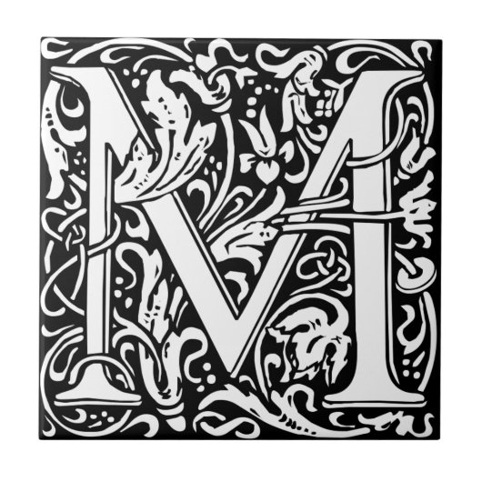 William Morris monogrammierter Buchstabe M Fliese (Vorderseite)