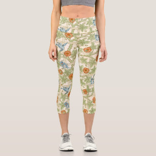 William Morris nahtloses Gitter-Rosen-Vogel-Muster Capri Leggings