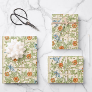 William Morris nahtloses Gitter-Rosen-Vogel-Muster Geschenkpapier Set