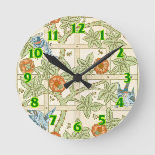 William Morris nahtloses Gitter-Rosen-Vogel-Muster Runde Wanduhr