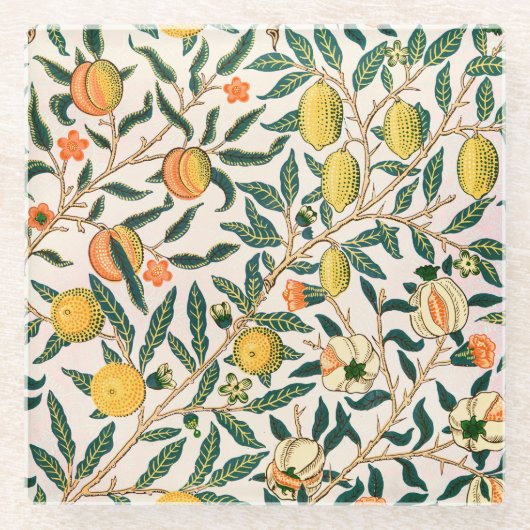 William Morris Obstpomegranat Weiße Ornamente Glasuntersetzer (Vorderseite)