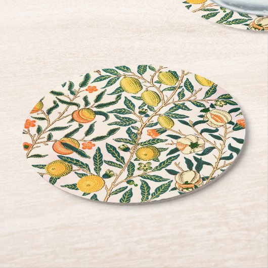 William Morris Obstpomegranat Weiße Ornamente Runder Pappuntersetzer (Angewinkelt)