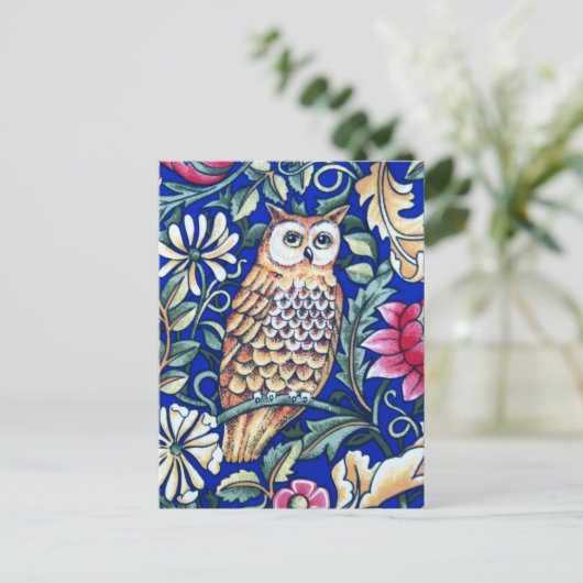William Morris Owl Tapestry, Beige und Cobalt Blue Postkarte (Stehend Vorderseite)