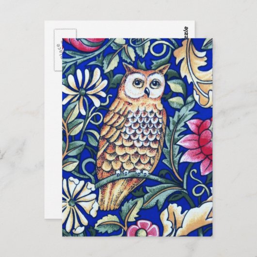 William Morris Owl Tapestry, Beige und Cobalt Blue Postkarte (Vorne/Hinten)