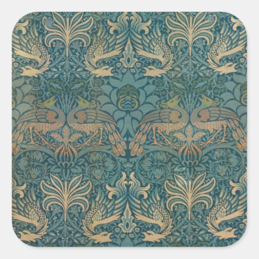 William Morris Peacock and Dragon Textile Design Quadratischer Aufkleber (Vorderseite)