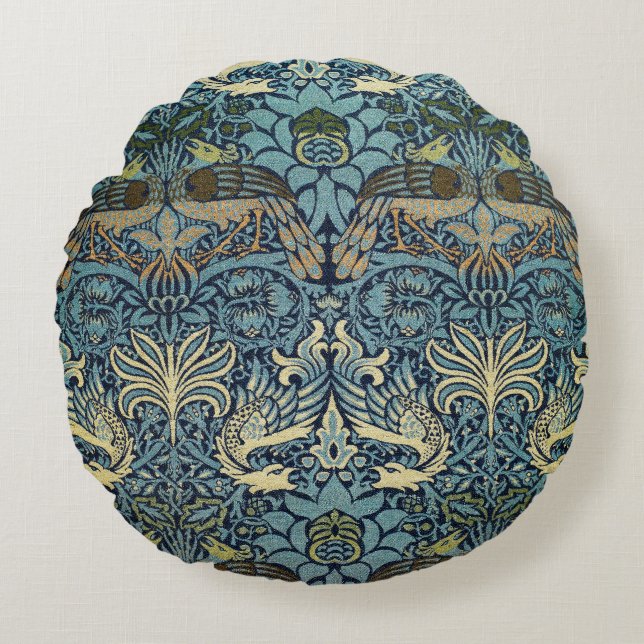 William Morris Pfau und Drache Webdesign Rundes Kissen (Vorderseite)