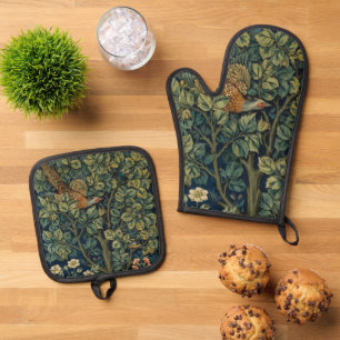 William Morris Pheasant Bird Tree Woodland Ofenhandschuh & Topflappen-Set