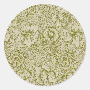 William Morris Poppy Classic Floral Green Runder Aufkleber