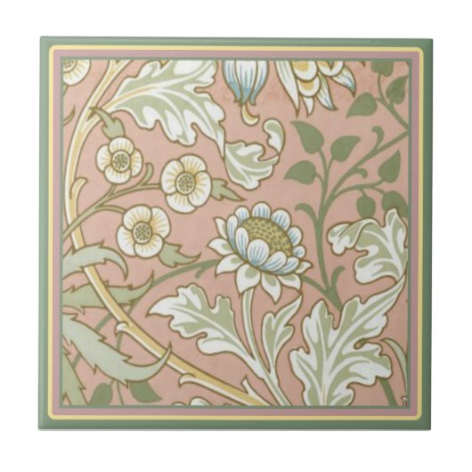 William Morris ~ Rosa mit Blumen Fliese (Vorderseite)