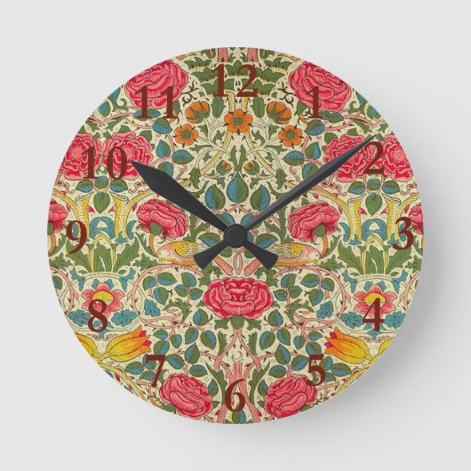 William Morris Rose Floral Chintz Pink Runde Wanduhr (Vorderseite)