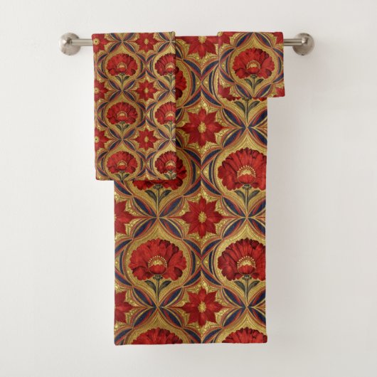 William Morris Rot Gold Mohn Blumenmuster Badhandtuch Set (Insitu)