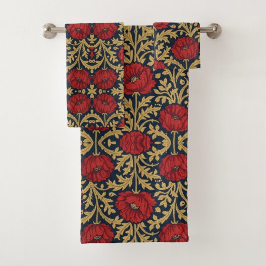 William Morris Rot Gold Mohn Blumenmuster Badhandtuch Set (Insitu)
