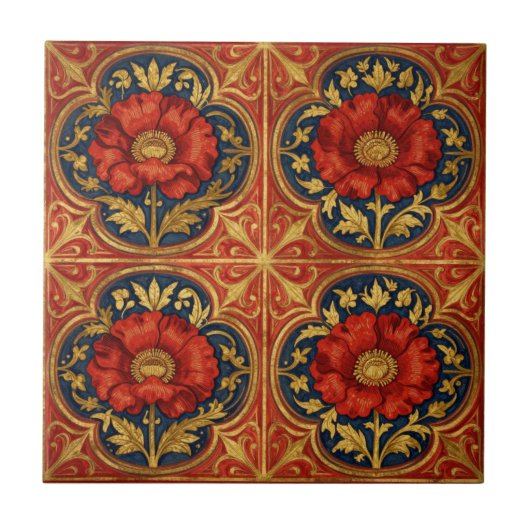 William Morris Rot Gold Mohnblumen geometrisches F Fliese (Vorderseite)