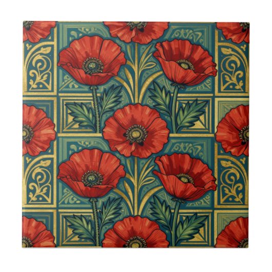 William Morris Rot Gold Mohnblumen geometrisches F Fliese (Vorderseite)