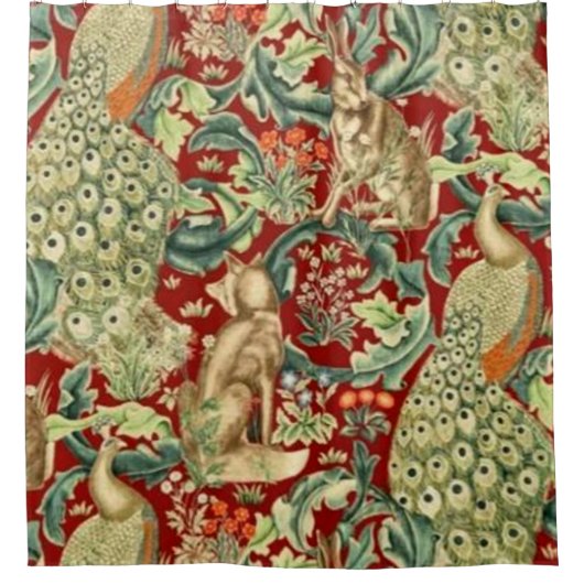William Morris rotes Waldmuster Duschvorhang (Vorderseite)