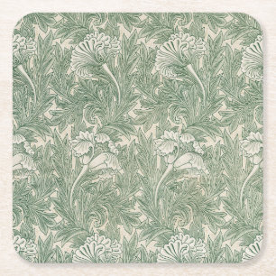 William Morris Sage Grünes Tulpenmuster: Vintage Rechteckiger Pappuntersetzer