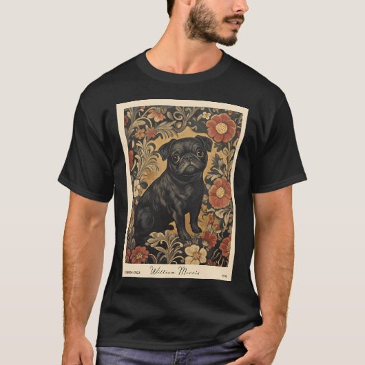 William Morris Schwarzer Mops Blumenmuster T-Shirt (Vorderseite)
