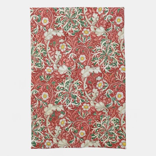 William Morris Seaweed Antike Blume Rot Grün Geschirrtuch (Vertikal)