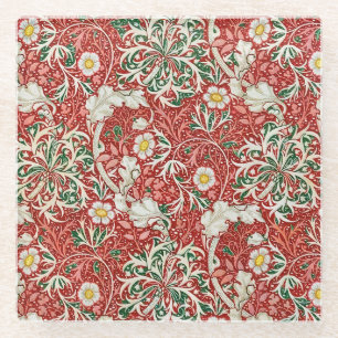 William Morris Seaweed Antike Blume Rot Grün Glasuntersetzer