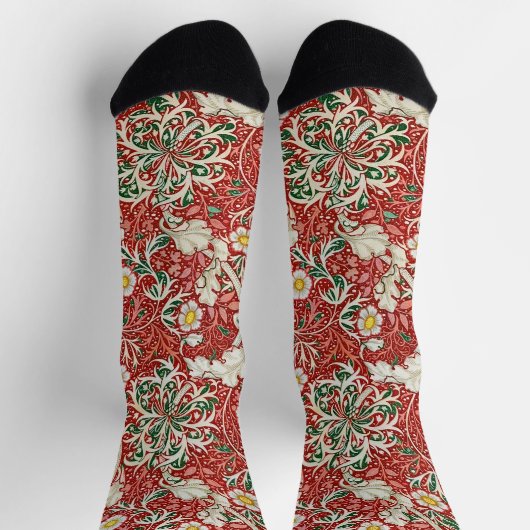 William Morris Seaweed Antike Blume Rot Grün Socken (Oben)