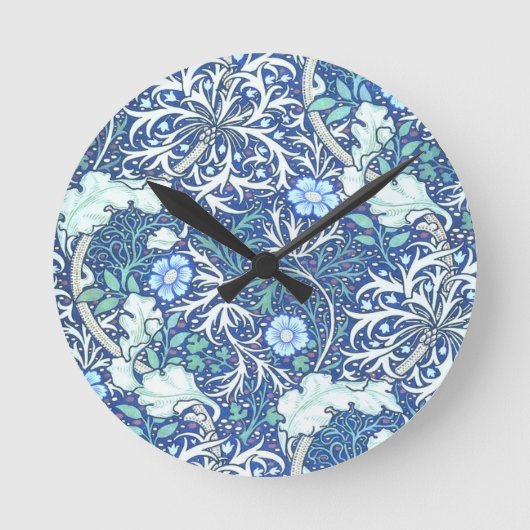William Morris Seaweed Blue Pattern Runde Wanduhr (Vorderseite)