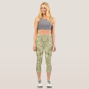 William Morris Sonnenblume Vintage Oliv Damast Capri Leggings